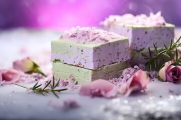 An artistic composition capturing the delicate layers of a handmade marshmallow infused with aromatic lavender essence, adorned with vibrant edible rose petals, and finished with a subtle