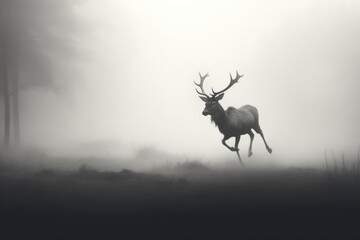 foggy black and white portrait of a deer running in the woods