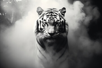 black and white portrait of a tiger on a smokey background