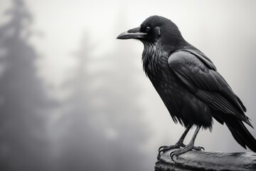 Obraz premium foggy black and white portrait of a raven on a branch