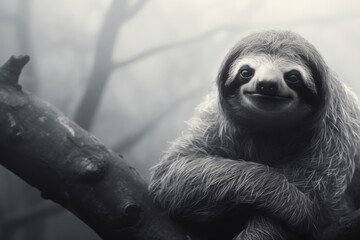 foggy black and white portrait of a sloth in the trees
