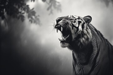 foggy black and white portrait of a tiger roaring
