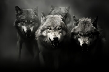 foggy black and white portrait of an angry pack of wolves