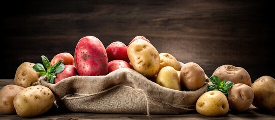 Various potatoes in a rustic sack on a wooden table.