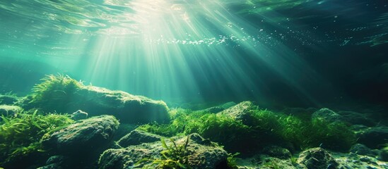 Underwater background with sunlight and green freshwater - obrazy, fototapety, plakaty