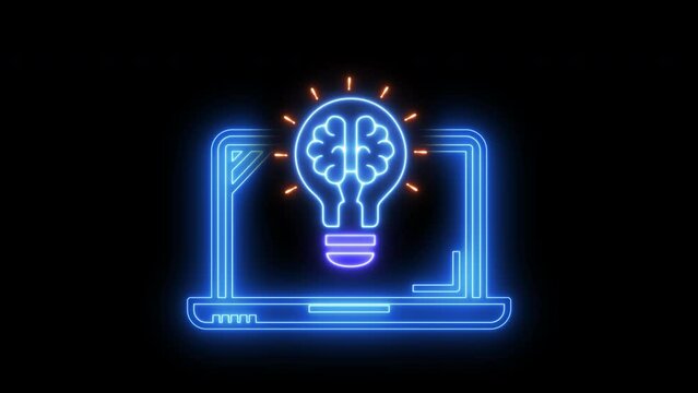 Neon laptop icon with a glowing lightbulb that have a glowing human brain inside. Symbol for creative and thinking idea concept. Able use graphic isolated on transparent background.