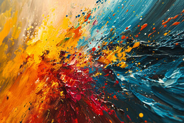 A visually elaborate abstraction of energetic paint strokes and vibrant splashes, creating a sense of movement and excitement on the canvas.