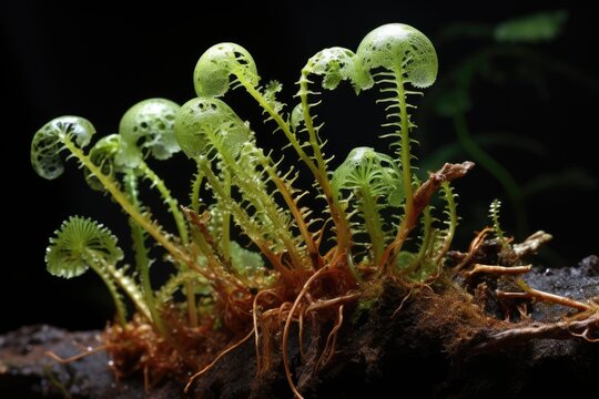 Fern prothalli displaying gametophyte structures.