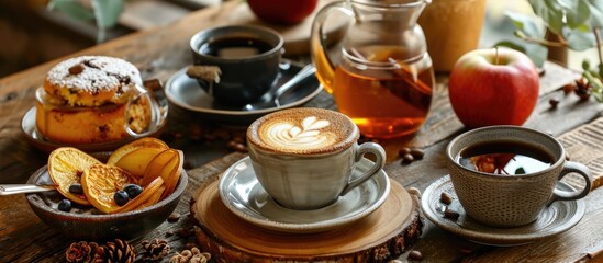 Fototapeta premium Hot beverages such as Americano coffee, hot tea, and apple tea, paired with cake.