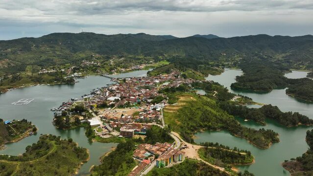 Aerial view toward the Guatape Town, partly sunny day in Antioquia, Colombia