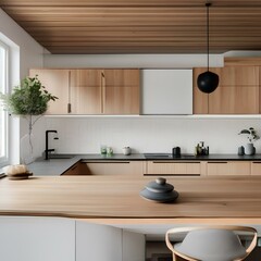Fototapeta na wymiar A modern Scandinavian kitchen with clean lines, wooden accents, and minimalist design3