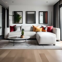 A minimalist living room with a large, white sectional sofa, a glass coffee table, and a pop of color through vibrant throw pillows1