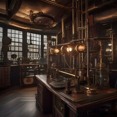 Fototapeta na wymiar A steampunk-themed laboratory with elaborate contraptions, brass gadgets, and vintage scientific equipment2