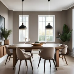 A Scandinavian-style dining area with a long wooden table, mid-century chairs, pendant lighting, and neutral tones throughout the space3 - obrazy, fototapety, plakaty