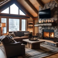 A winter cabin-style living room with a stone fireplace, plaid throws, animal hide rugs, and log cabin-inspired decor1