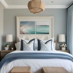 A coastal-themed bedroom with a light blue and white color scheme, seashell decor, and breezy, sheer curtains1