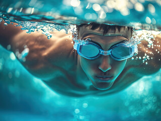A photo of a young swimmer in action, with a cap and goggles, captures his energy as he trains in an indoor pool. The underwater shot emphasizes a healthy lifestyle and sports movement