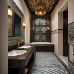 A Moroccan hammam-inspired bathroom with mosaic tiles, ornate mirrors, and brass fixtures2