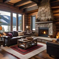 A winter cabin-style living room with a stone fireplace, plaid throws, animal hide rugs, and log cabin-inspired decor3