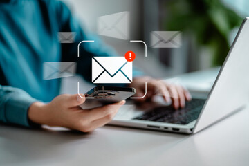 Women using smartphones check email notifications inbox have spam viruses message with warning caution, junk and trash mail, security terms cybersecurity concept. - obrazy, fototapety, plakaty