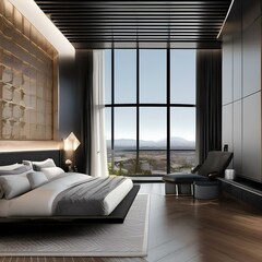 A modern bedroom featuring a platform bed with sleek, black furniture, geometric patterns on the walls, and a panoramic view through floor-to-ceiling windows1