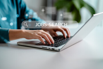 Women using laptops with job search engines on screen,.find your occupation career, looking for new vacancies at an online website, recruitment concept - obrazy, fototapety, plakaty
