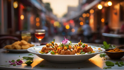 image that conveys the harmony of flavors in Indian chaat on a clean, white plate against a restaurant table setting - obrazy, fototapety, plakaty