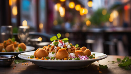 image that conveys the harmony of flavors in Indian chaat on a clean, white plate against a restaurant table setting