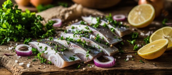 Herring slices with onion and parsley on wooden table