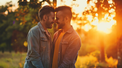 Happy gay couple hugging and showing their love to each other in the park depicting gender equality - obrazy, fototapety, plakaty