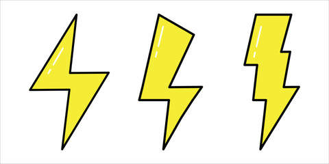 Set of Yellow Electric Lightning Bolt icons with shading effects on white background. Vector icon flat illustration.