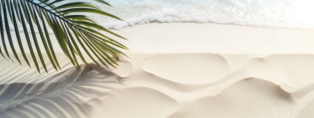 Foto op Canvas palm leaf shadow on abstract white sand beach background, sun lights at water surface, beautiful abstract background concept banner for summer and vacation at the beach © Eman Suardi