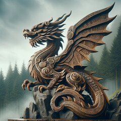 A mythical wooden dragon symbolizing the year of the dragon. The dragon has intricate carvings all over its body, with patterns resembling ancient runes