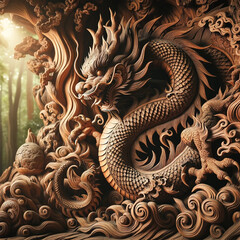 mythical wooden dragon, intricately carved with elaborate details, symbolizing the Chinese Zodiac's Year of the Dragon