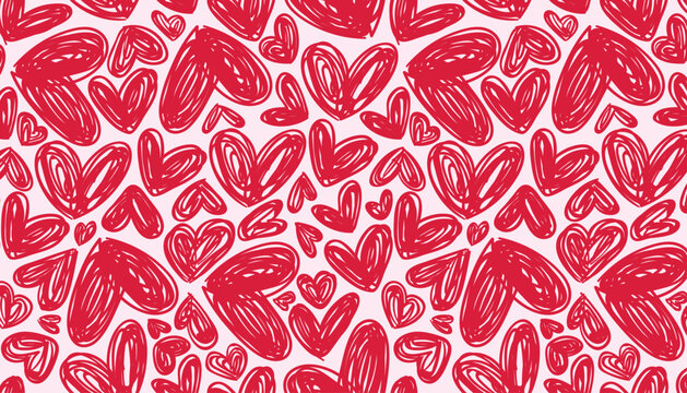 Red love heart seamless pattern illustration. Romantic background print. Valentine's day holiday backdrop texture, liquid romantic shape wedding wallpaper design.
