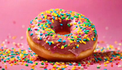Delicious glazed donut with colorful sprinkles on vivid pink background.
