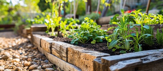 Building a raised bed with Edging Stones and steel profile, filled with mulch and placed in a residential garden for vegetables. Home garden with Landscape design. - obrazy, fototapety, plakaty