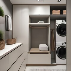 A stylish and functional laundry room with built-in storage and folding space2