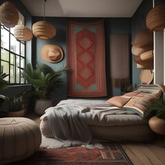 A bohemian-style bedroom with tapestries, floor cushions, and lots of textures1