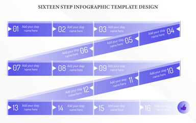16 step process flow purple infographic template design, business flow infographic