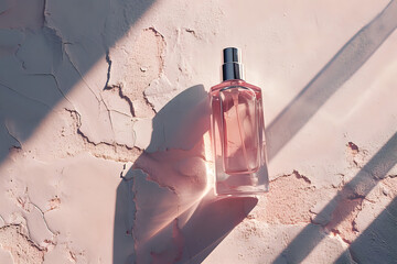 Glass bottle with perfume or serum on white and pink background . Cosmetology, anti-aging, perfumes. close up, flat lay. AI Generated - obrazy, fototapety, plakaty