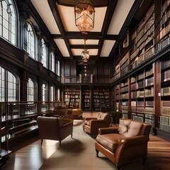 A vintage library with leather armchairs, a rolling ladder, and shelves of antique books3