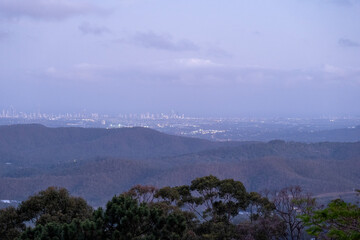 Panoramic views of the Gold Coast skyline from Tamborine Mountain in Queensland, Australia