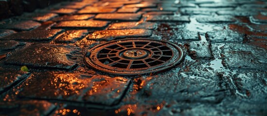 Rainy street with exposed sewer cover