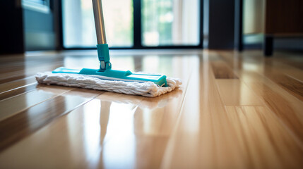 A mop sitting on top of a hard wood floor - obrazy, fototapety, plakaty