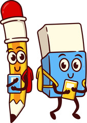 Eraser and Pencil Kawaii Chibi Carrying a Bag and Books in Hand