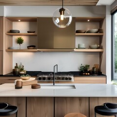Fototapeta na wymiar A contemporary kitchen with a waterfall island, pendant lights, and open shelving1