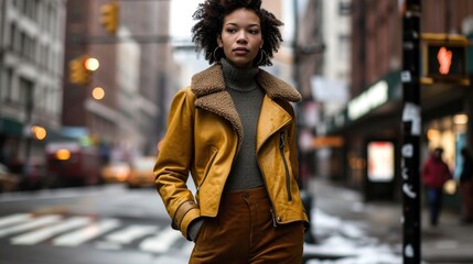 Elevating cool weather style with a moto jacket featuring a gl fur collar, paired with a chic knit sweater and wideleg corduroy pants for a contemporary twist. - obrazy, fototapety, plakaty