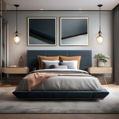 A contemporary bedroom with a statement wall, unique lighting, and minimalist decor3