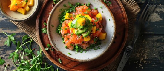 A top view studio shot of salmon tartare with avocado and mango.